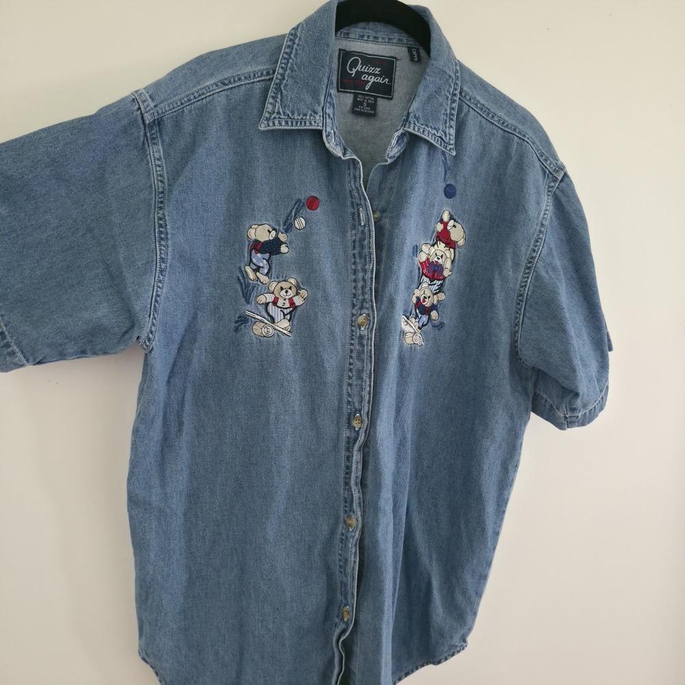 Vtg 90s Lets Quizz Again Embroidered Teddy Bear Denim Shirt Blue Button Up Sz S